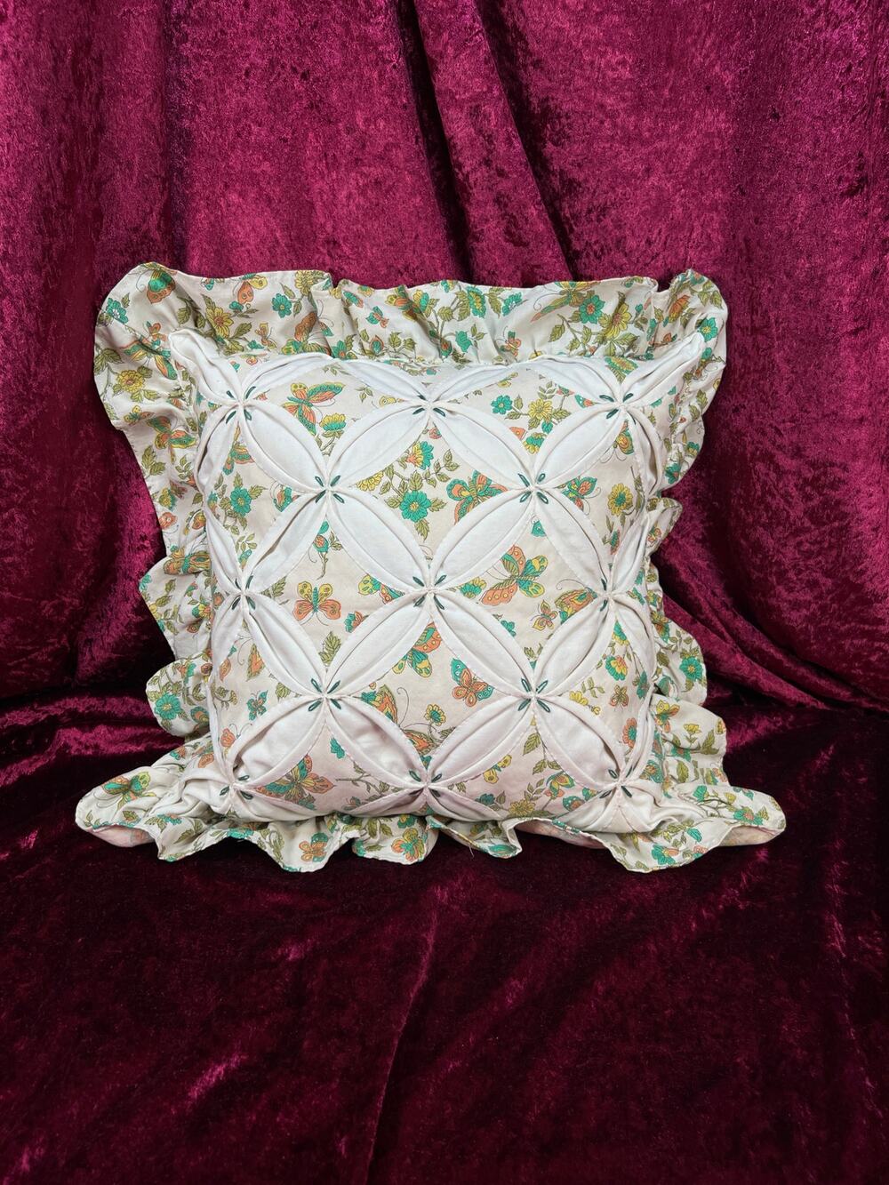 Vintage Quilted Throw Pillow - Butterfly Floral Ruffle Cottagecore Accent